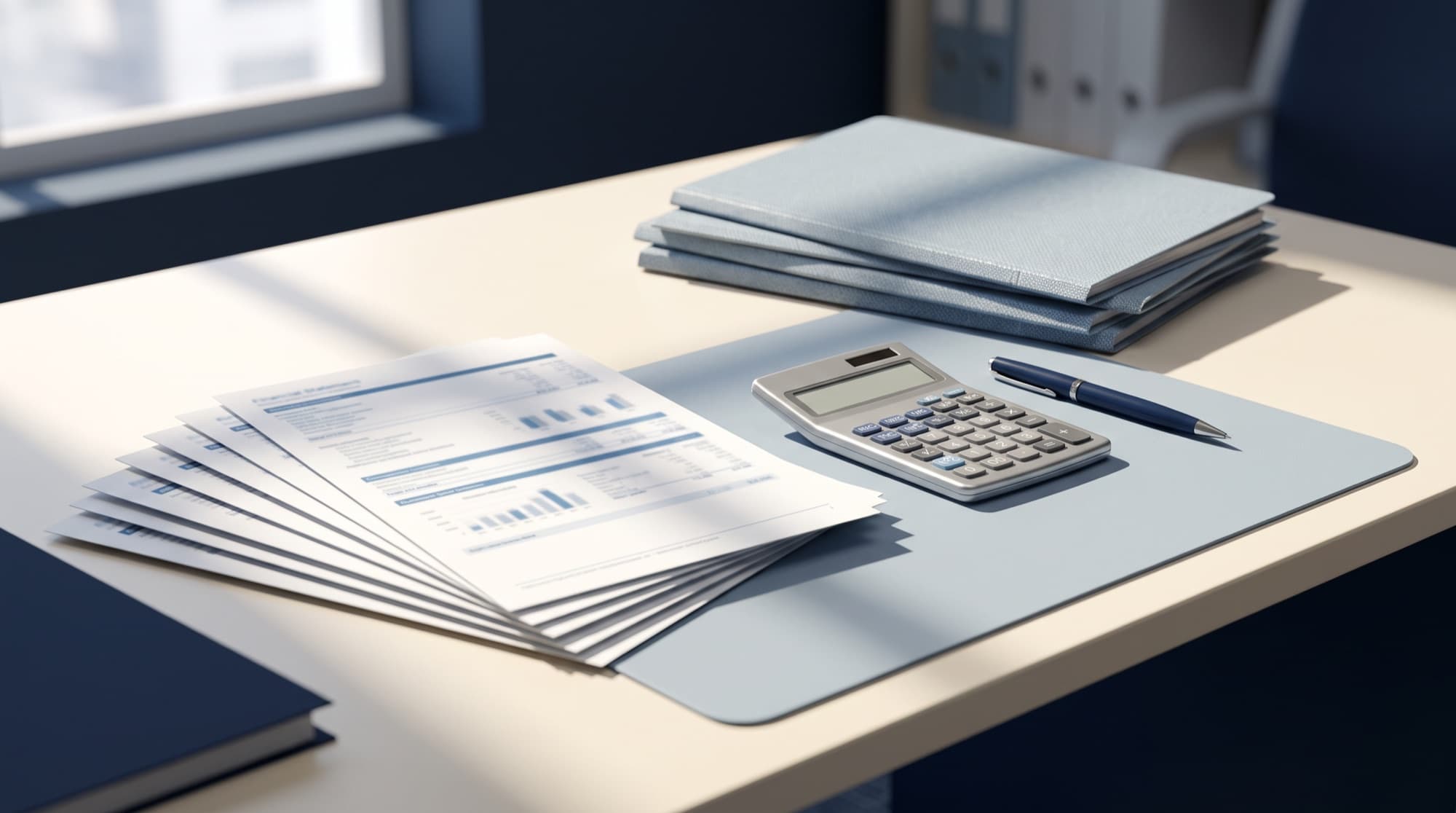 Financial statements, a calculator, and a pen laid out on an accountant's desk