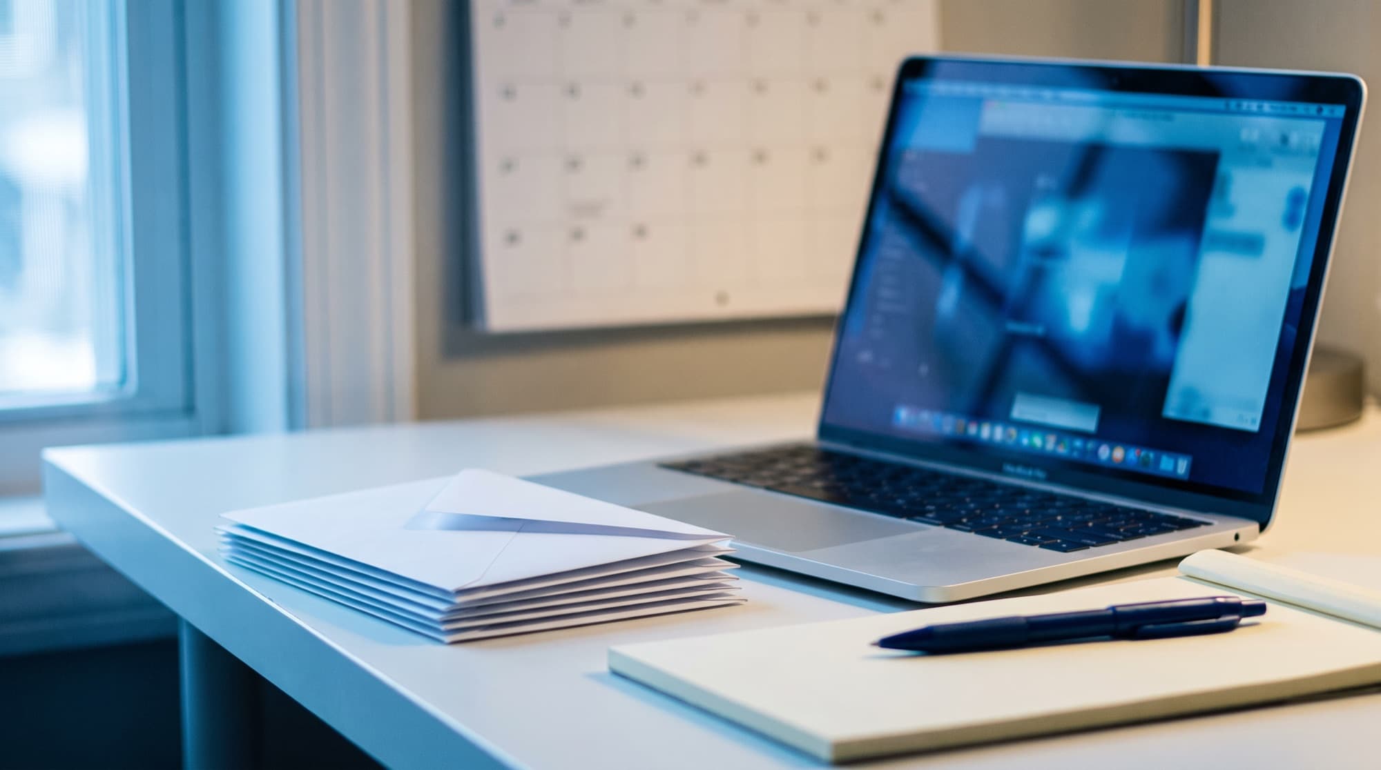 A tidy desk with a stack of sealed envelopes, an open laptop, and a wall calendar