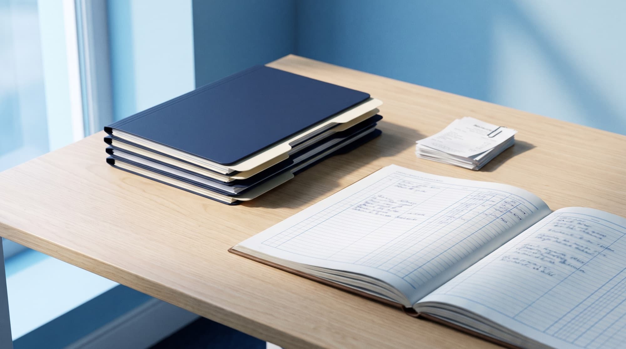 Neatly organized navy file folders and an open ledger book on a light wood desk