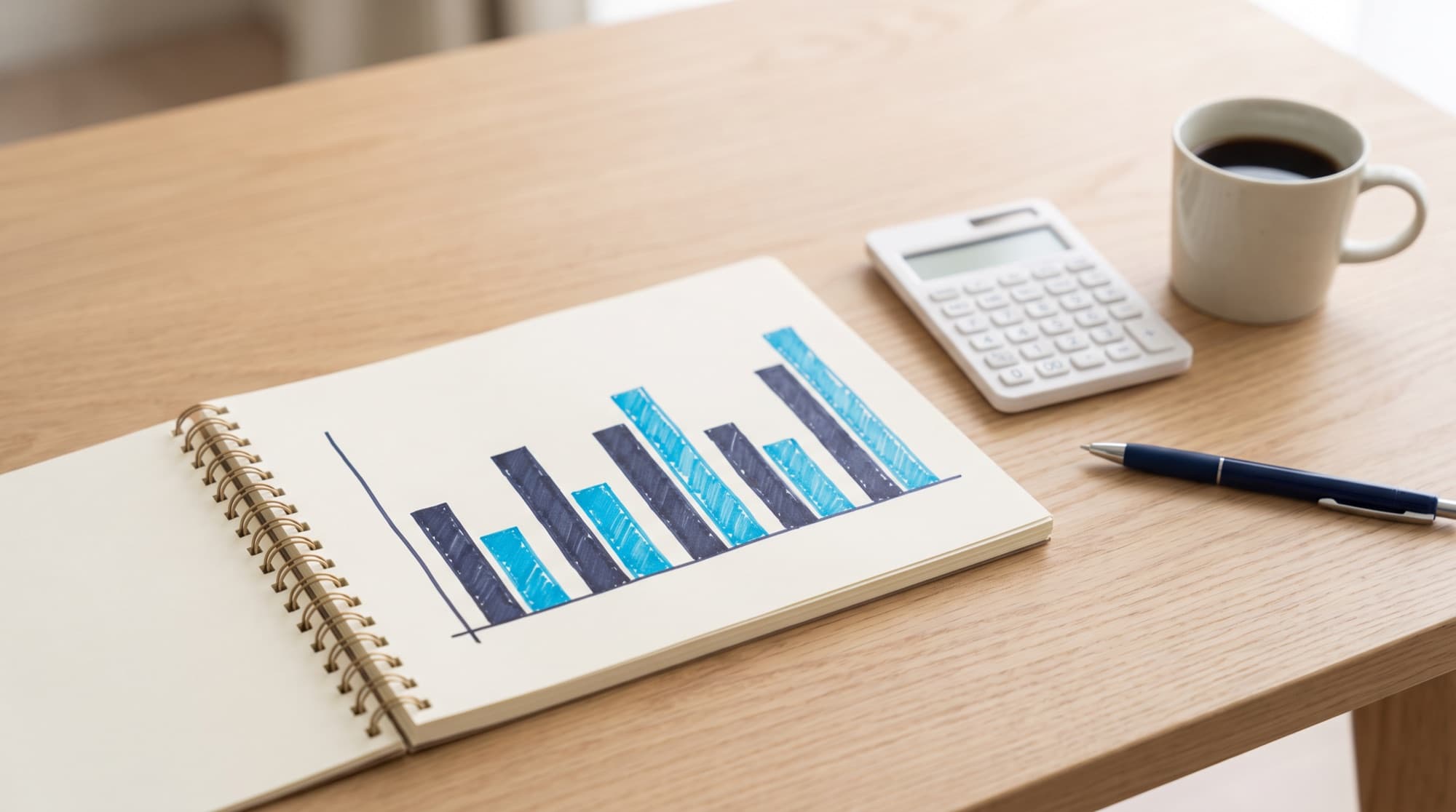 An open notebook with a hand-drawn blue bar chart beside a calculator and coffee